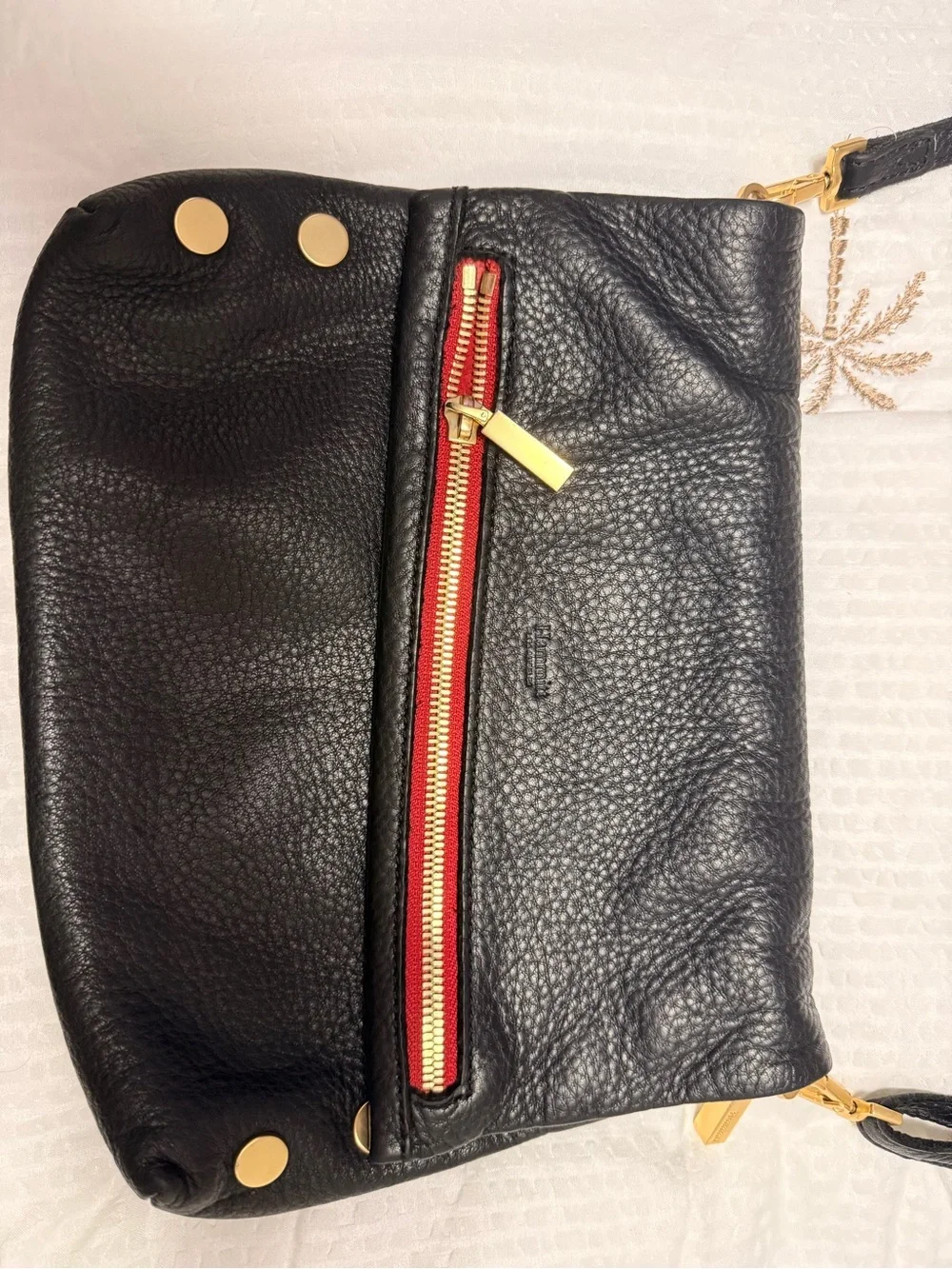 Hammitt Black Leather Crossbody with Gold Hardware and Red Zip Accent